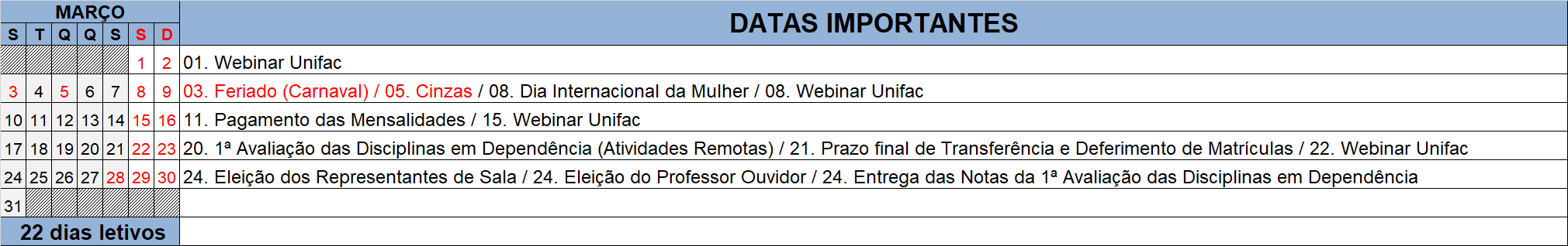 Calendário Março